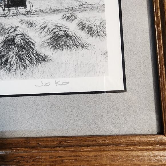 Vintage Amish Country Pencil Drawing Print Signed JO K0 10x12 Barn Horse Buggy - Picture 8 of 14